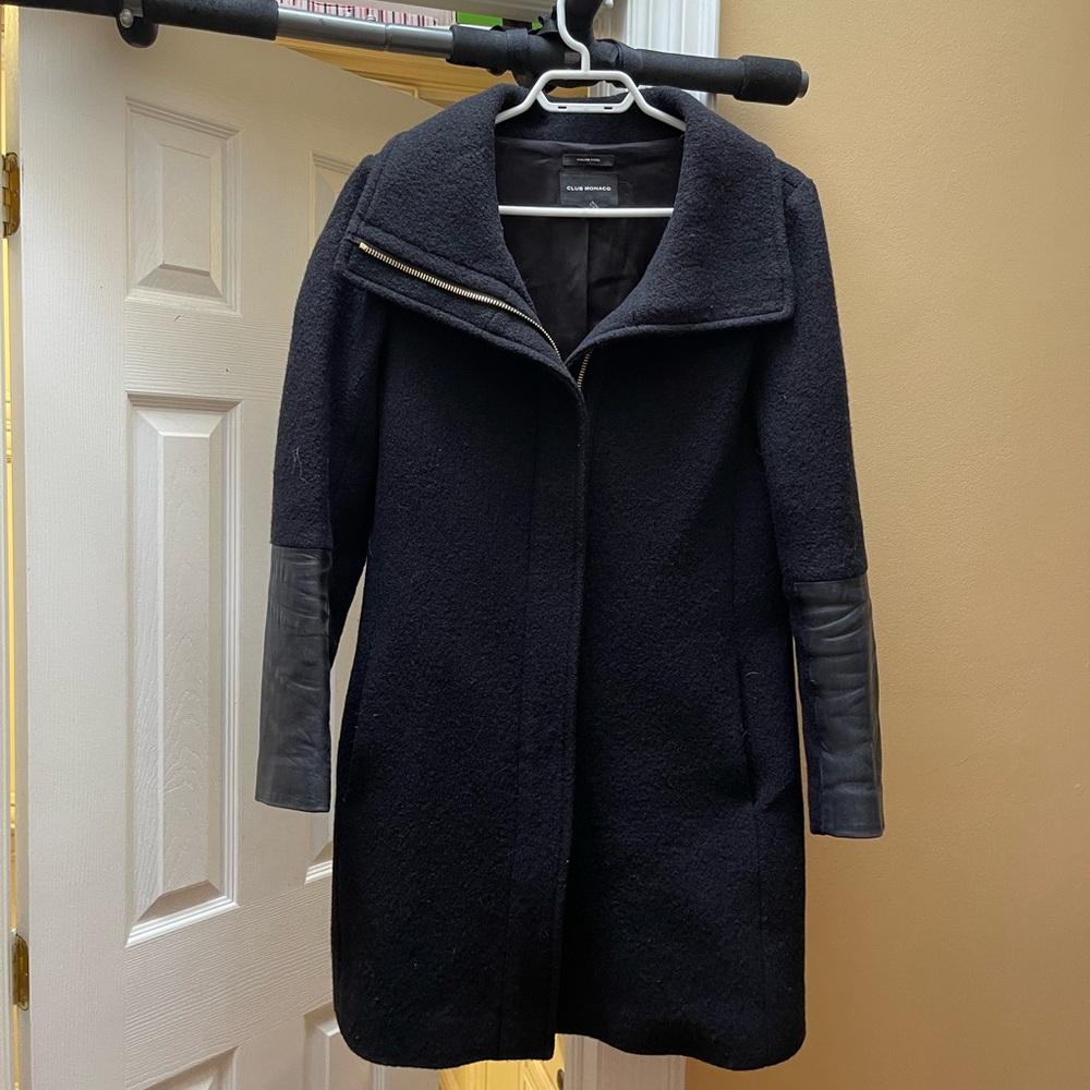 Club Monaco black Italian wool coat leather sleeves